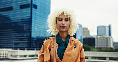 Buy stock photo Business, travel and portrait of woman in city for corporate, career and commute to work in morning. Outdoor, attorney and female employee by buildings downtown for journey to law firm in New York