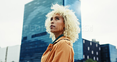 Buy stock photo Street, thinking or woman with urban fashion or confidence in trendy coat outside in New York. Ideas, serious or creative female designer walking in city for travel, commute or sightseeing on holiday