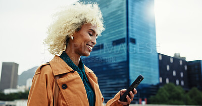 Buy stock photo Business, woman and smile with phone outdoor for communication, travel location and transport service. Female person, mobile and contact with texting meme, networking and reading notification in city