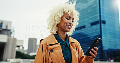 Buy stock photo Happy, business and woman with phone outdoor for communication, travel location and transport service. Female person, mobile and contact with texting meme, networking and reading notification in city