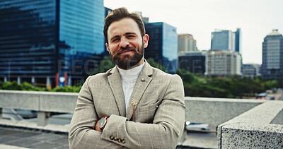 Buy stock photo Corporate, arms crossed and portrait of business man in city for consultant, asset management and investor. Private equity associate, venture capitalist and professional with person in New York