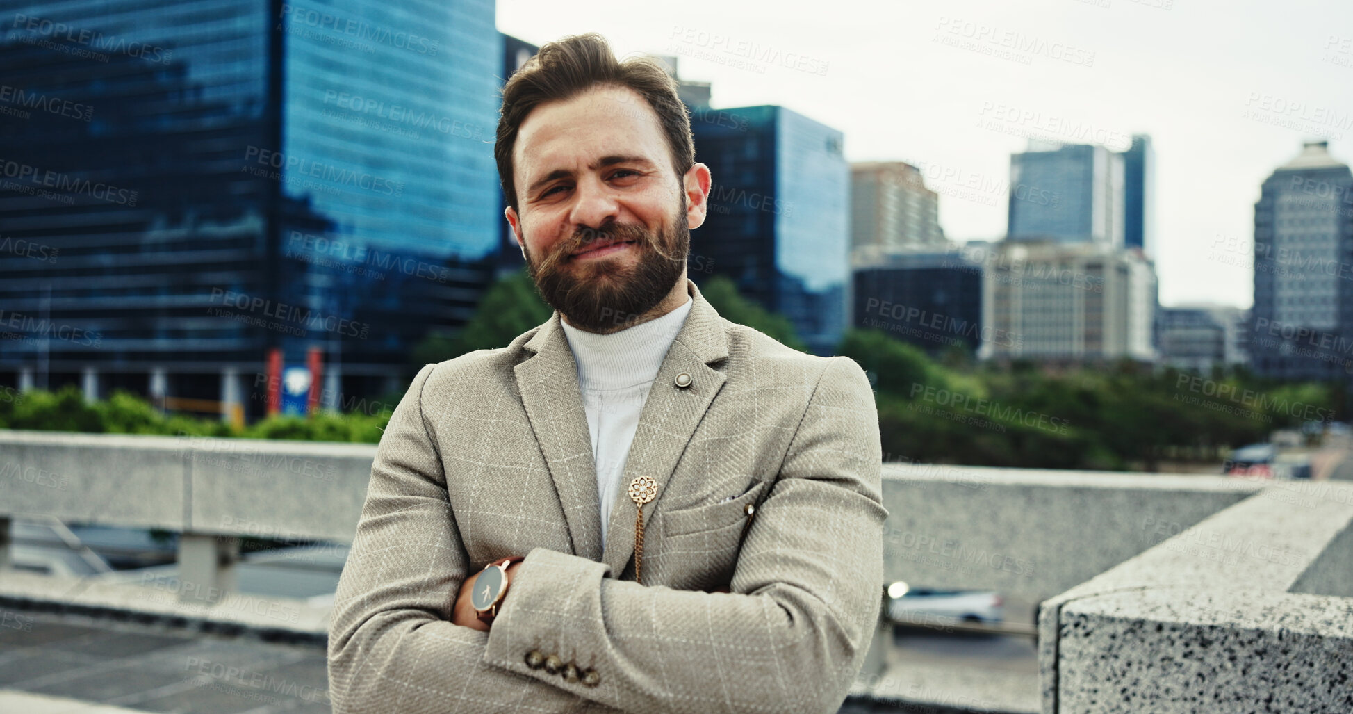 Buy stock photo Corporate, arms crossed and portrait of business man in city for consultant, asset management and investor. Private equity associate, venture capitalist and professional with person in New York