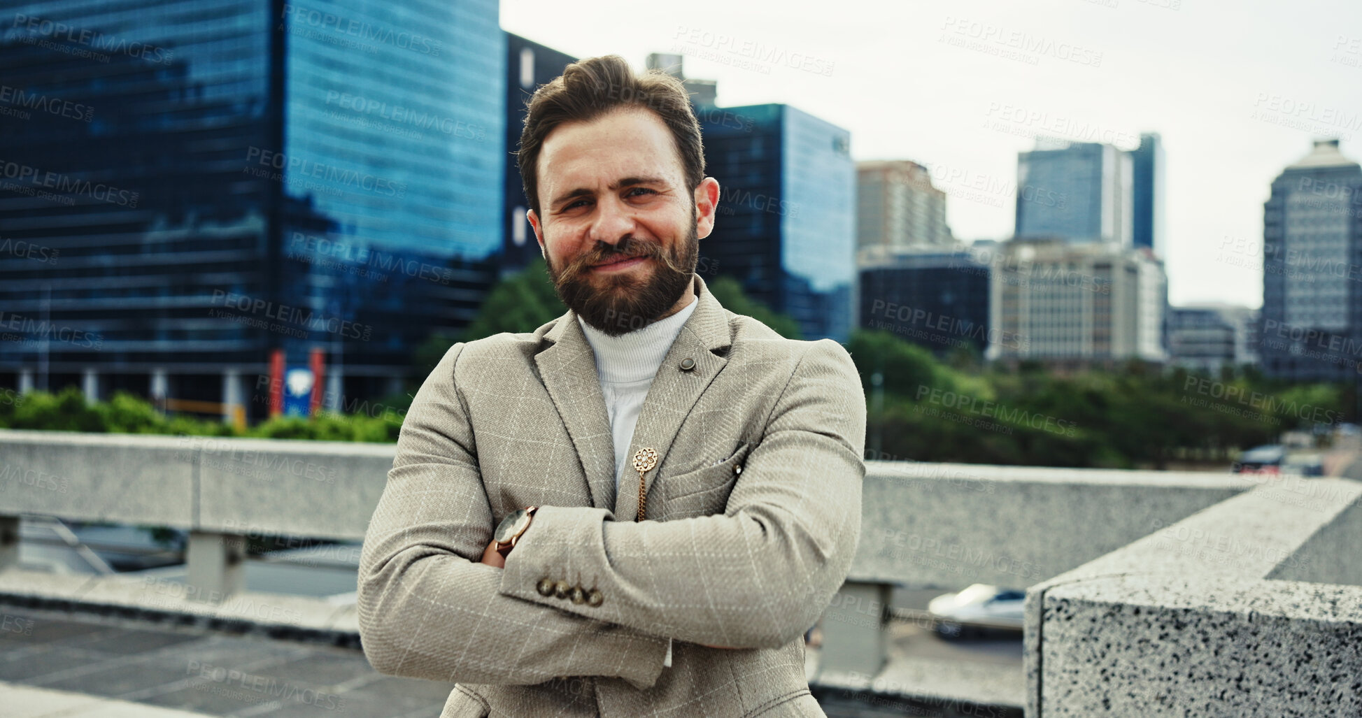 Buy stock photo Smile, arms crossed and portrait of business man in city for consultant, asset management and investor. Private equity associate, venture capitalist and professional with person in New York.