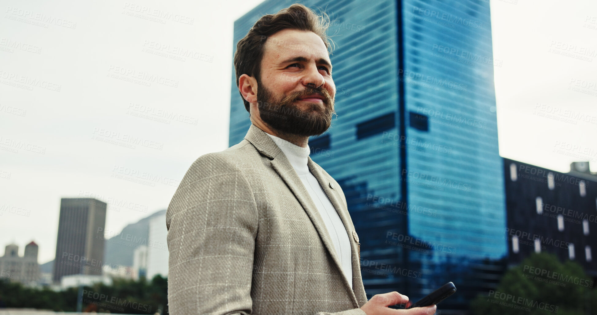 Buy stock photo City, phone an thinking with business man outdoor for communication, networking or travel. App, corporate and directions with professional employee in urban town to search for commute location