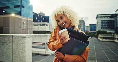 Buy stock photo Phone call, business and woman in city, walking and smile with coffee, conversation and juggle. Person, employee and consultant with smartphone, communication or speaking to contact with multitasking