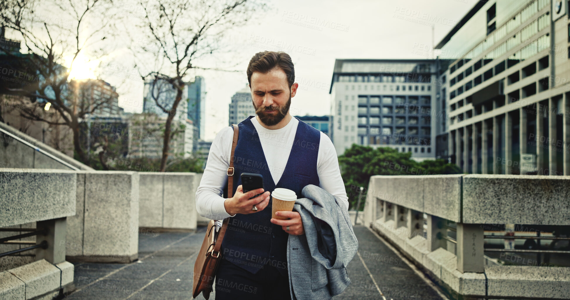 Buy stock photo City, coffee and phone with business man outdoor for communication, networking or travel. App, commute and directions with professional employee in urban town to search for corporate location