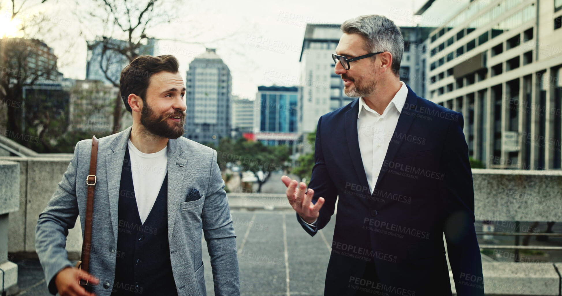 Buy stock photo Outdoor, talking and commuting to work, men and smile for conversation, accountant and colleagues. Happy, friends and business people in city, walking and employees in morning and professional