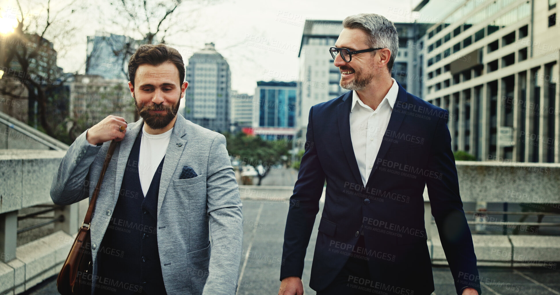 Buy stock photo Outdoor, friends and commuting to work, men and smile for conversation, accountant and colleagues. Happy, talking and business people in city, walking and employees in morning and professional