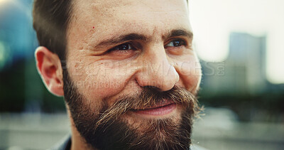 Buy stock photo Smile, thinking and businessman in city for vision, insight or inspiration closeup. Face, happy professional and planning outdoor for real estate development, idea or dream of investment opportunity