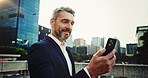 City, directions and phone with mature businessman outdoor for communication, networking or travel. App, commute and corporate with happy professional employee in urban town to search for location 