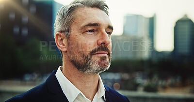 Buy stock photo CEO, vision and business man in city for thinking, insight and mindset for inspiration. Decision, mature professional and urban planning outdoor for development, future and investment opportunity