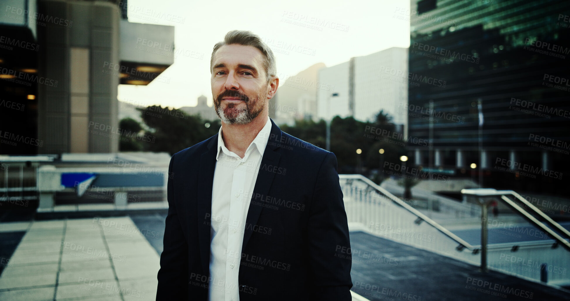 Buy stock photo Business man, portrait and commute in city for journey, work and start of day in morning with travel. Realtor, walking and confident in urban town with buildings, real estate property or professional