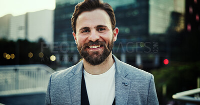 Buy stock photo Corporate, happy and portrait of business man in city for consultant, asset management and investor. Private equity associate, venture capitalist and professional employee with person in New York.