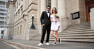 Buy stock photo Wedding, city and portrait on street at courthouse with bride, love and bouquet for celebration. Suit, urban and marriage at event for commitment, loyalty and trust with romance for ceremony outdoor