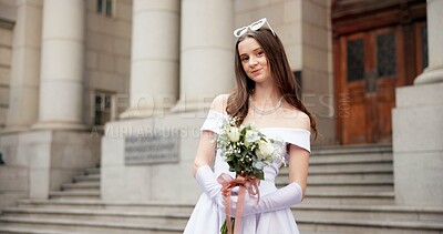 Buy stock photo Woman, bride and bouquet for portrait in city by court, stairs and smile with pride for marriage. Person, wedding dress and happy with flowers, celebration and milestone on metro sidewalk in Spain