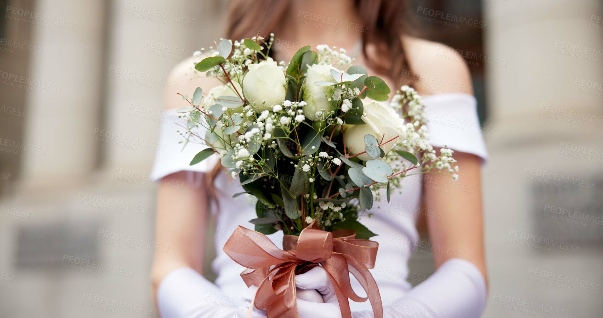 Buy stock photo Hands, bride and flowers with wedding in city for love, happy and white dress for celebration in street by court. Wife, person and bouquet for event, marriage or milestone on metro sidewalk in Italy