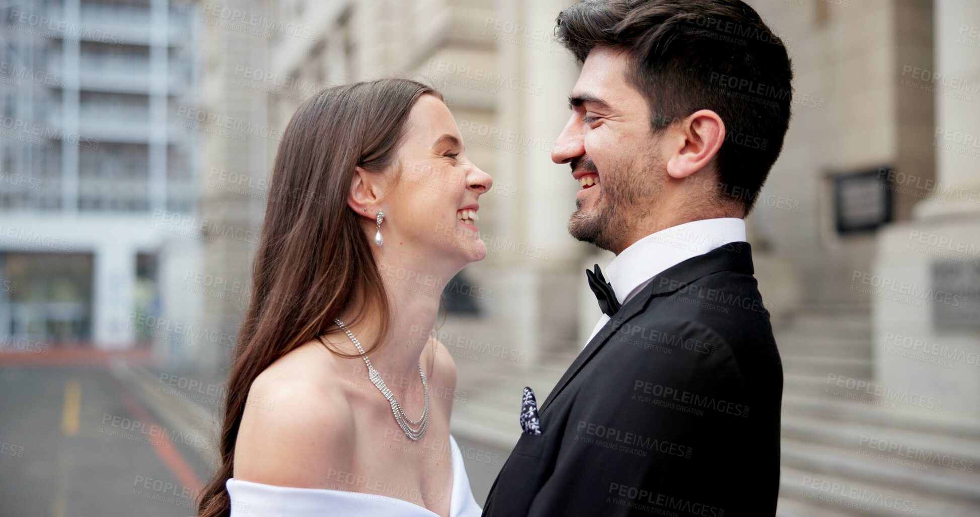 Buy stock photo City, building and couple at wedding with smile, love and laughing bride with groom in street together. Urban romance, man and woman with court marriage, commitment and happy outdoor celebration.
