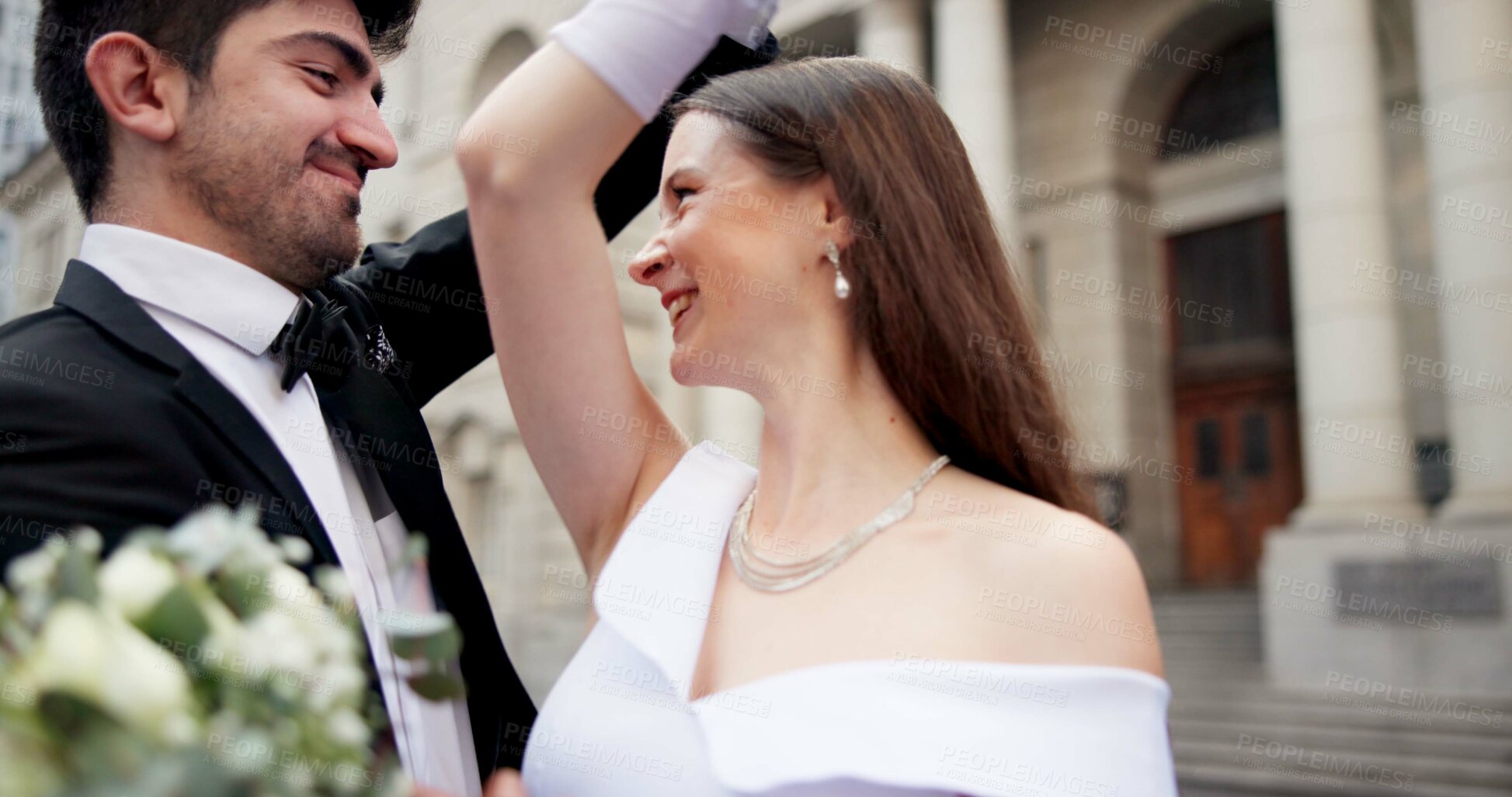 Buy stock photo Wedding, spin and couple in city for love at marriage ceremony, celebration and court certificate. Romance, bride and groom and happy man and woman in town for commitment, partnership and promise