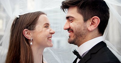 Buy stock photo Couple, wedding and smile outdoor with veil for memory, love and event for milestone with relationship. Woman, man and connection with celebration, romance and civil union with marriage in Greece