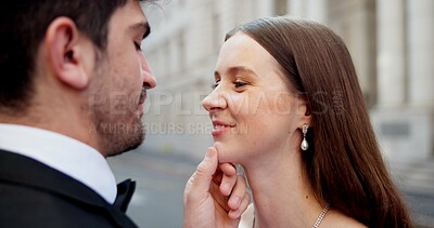 Buy stock photo City, touch and couple at wedding with love, embrace and bride with groom in street together. Urban romance, man and woman at court marriage event with commitment, smile and happy outdoor celebration