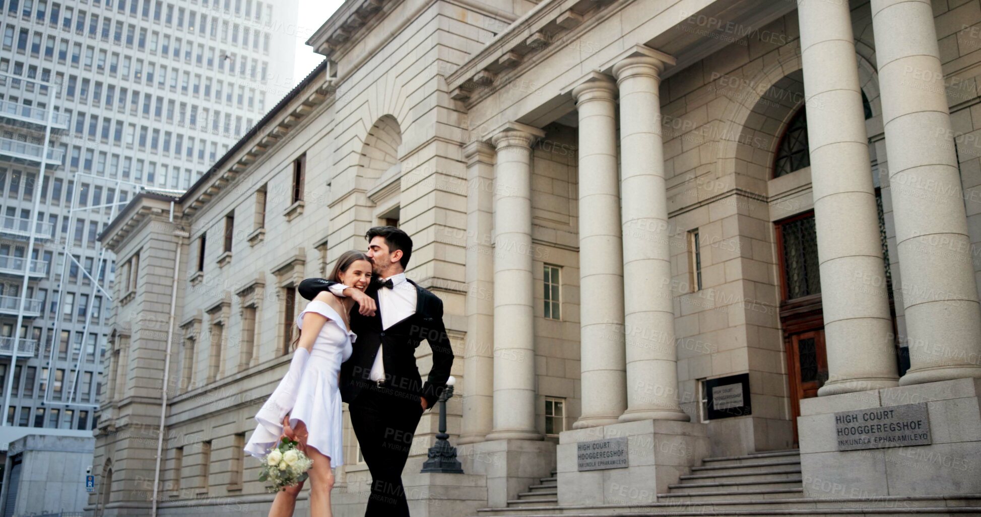 Buy stock photo City, building and couple at wedding with walking, love and bride with groom in street together with kiss. Urban romance, man and woman with court marriage, commitment and happy outdoor celebration.