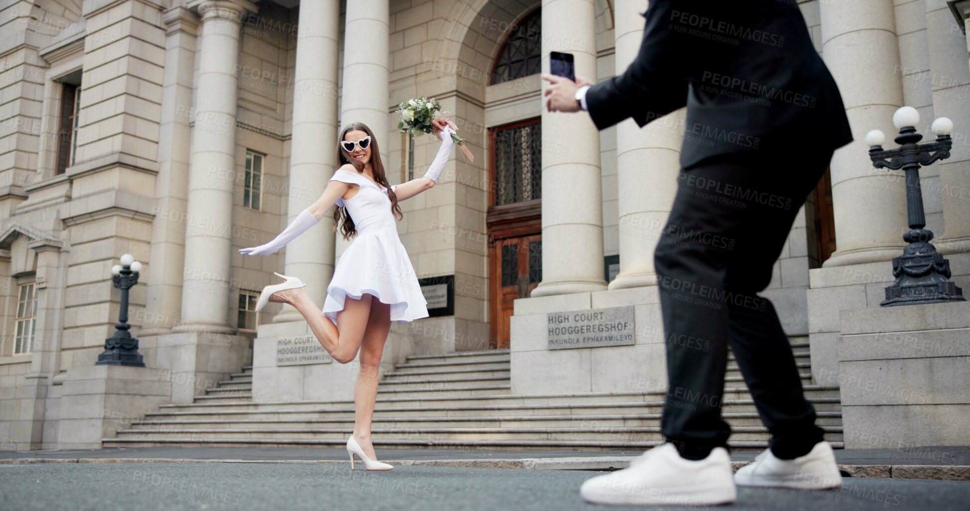 Buy stock photo Wedding, picture and couple in city excited at marriage ceremony, celebration and court certificate. Photograph, pose and man and woman for memory in town for commitment, partnership and promise