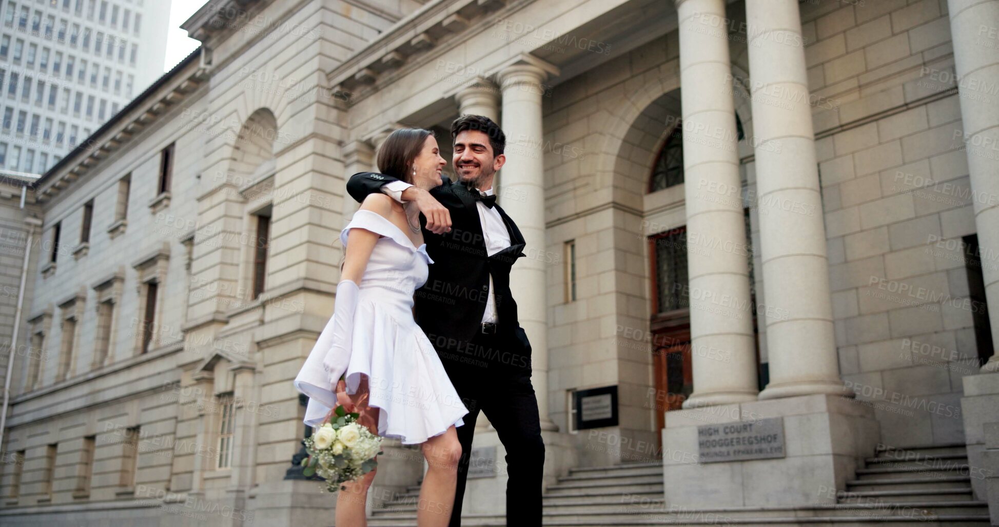 Buy stock photo Wedding, walking and couple in city for love at marriage ceremony, celebration and court certificate. Romance, bride and groom and happy man and woman in town for commitment, partnership and promise
