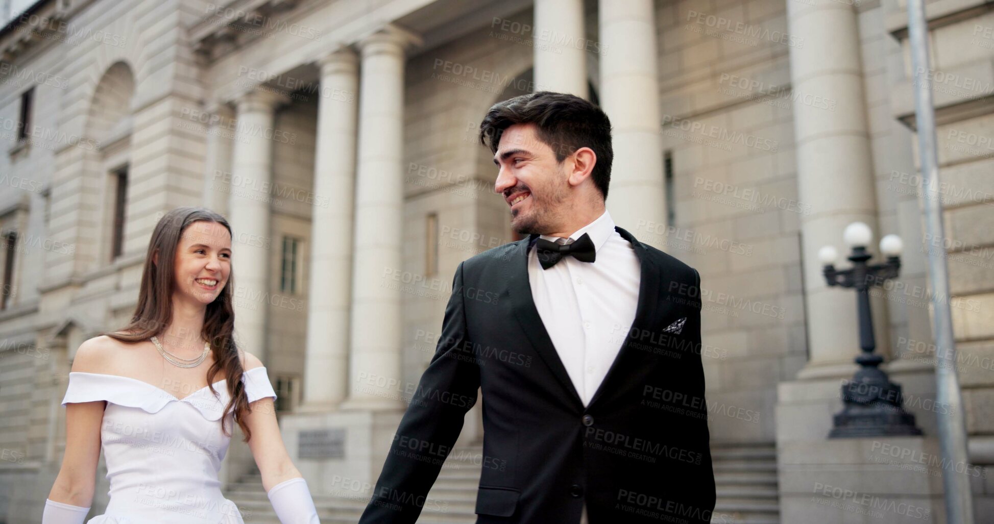 Buy stock photo City, building and couple at wedding with smile, walking and bride with groom in street together. Urban romance, man and woman with court marriage, commitment and happy outdoor celebration of love