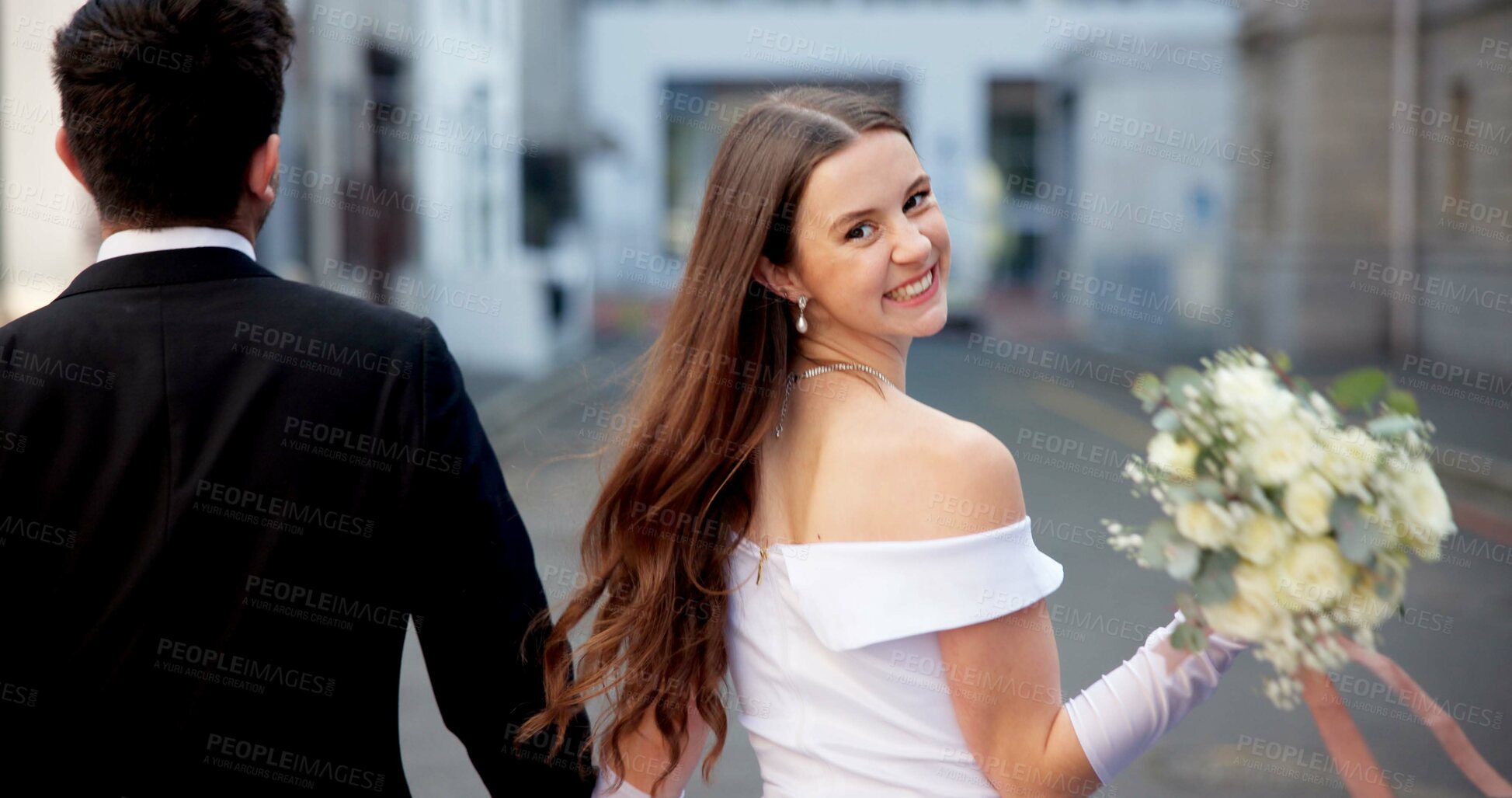 Buy stock photo City, portrait and couple at wedding with love, walking and bride with groom in street together from back. Urban romance, man and woman with court marriage, commitment and happy outdoor celebration.