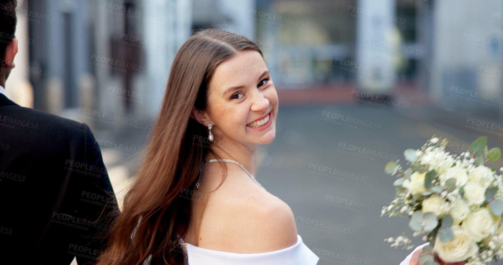 Buy stock photo City, portrait and couple at wedding with flowers, walking and bride with groom in street together in love. Urban romance, man and woman with court marriage, commitment and happy outdoor celebration