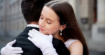 Buy stock photo Couple, hug and wedding in city, happy and love with commitment for future, relationship and memory. People, woman and man with embrace for marriage, smile and civil union by courthouse in Greece