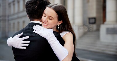 Buy stock photo City, building and happy couple at wedding with hug, love and bride with groom in street together. Urban romance, man and woman at court marriage with embrace, commitment and outdoor celebration.