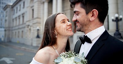 Buy stock photo Wedding, happy and couple in city with smile for marriage ceremony, celebration and event. Romance, affection and man and woman embrace for commitment, partnership and promise for court certificate