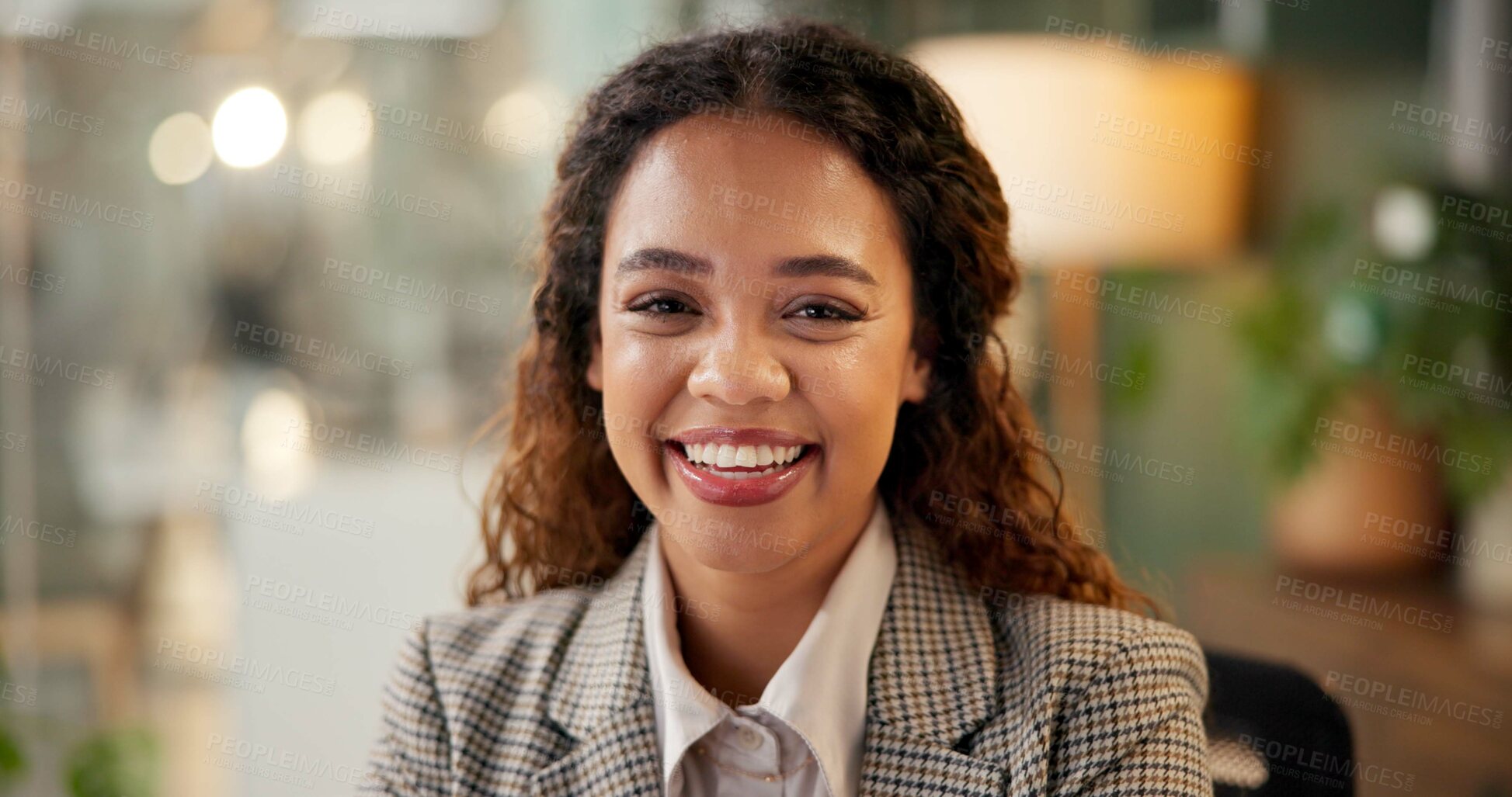 Buy stock photo Happy, portrait and business woman at night and confidence of risk management job. Consultant, professional and success with accounting advisor and office desk at consultation agency with smile