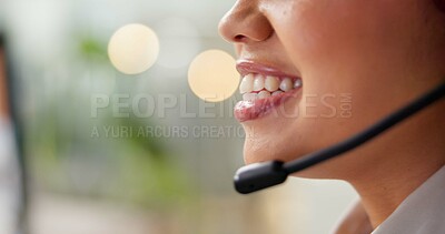 Buy stock photo Woman, mouth and smile with microphone as online English teacher on language lesson. Female person, tutor and distance learning as employee for elearning on video call and virtual class in closeup