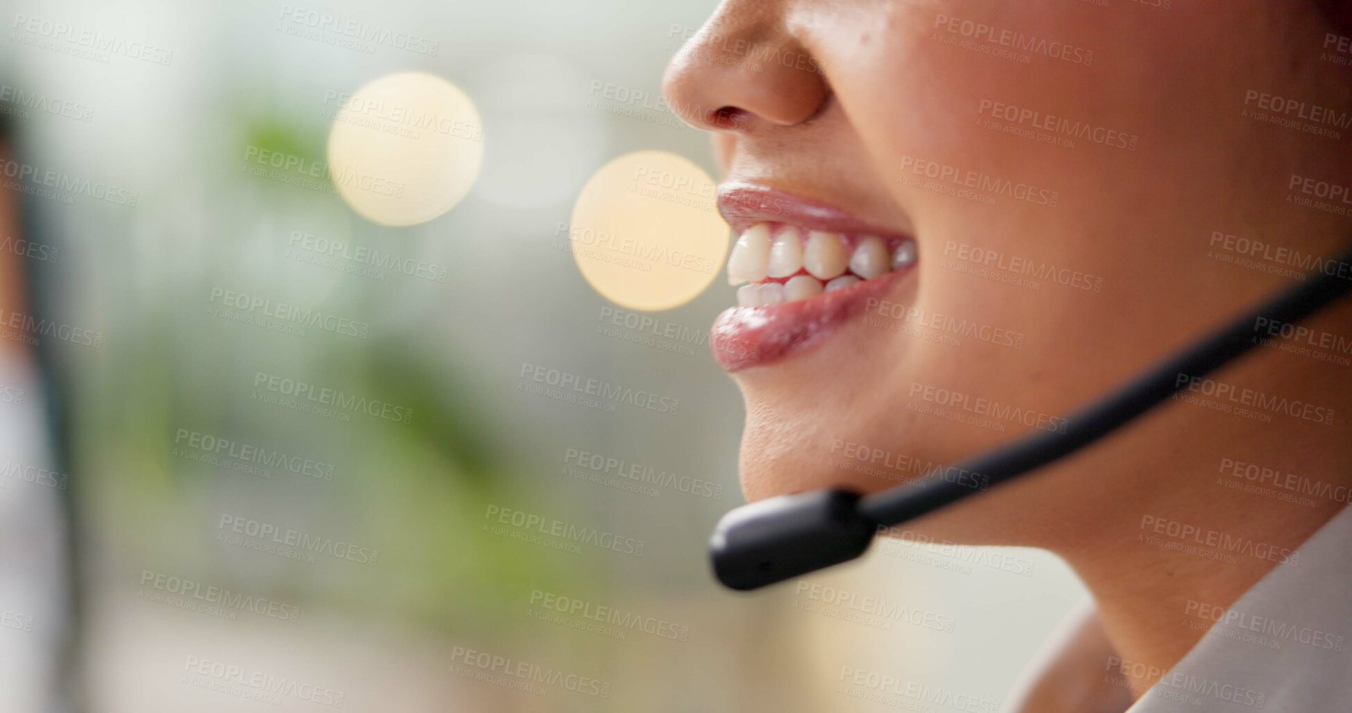 Buy stock photo Woman, mouth and smile with microphone as online English teacher on language lesson. Female person, tutor and distance learning as employee for elearning on video call and virtual class in closeup