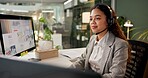 Woman, call center and smile by computer at night, headphones and advice for business growth in office. Person, agent and consultant with voip, contact or review strategy with service at workplace
