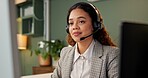 Woman, call center and consultant by computer at night, headphones and advice with customer support in office. Person, agent and reading with pc, contact or overtime with crm services at workplace