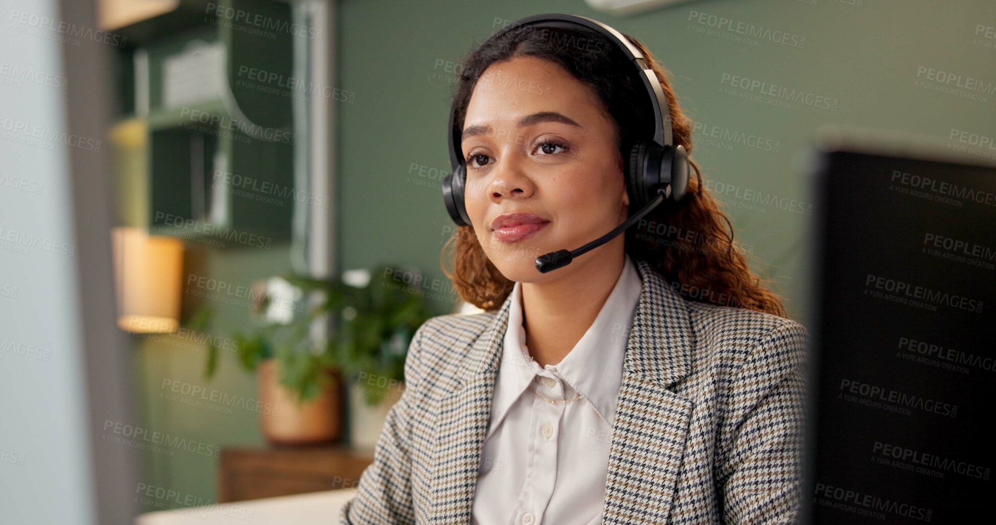 Buy stock photo Woman, call center and consultant by computer at night, headphones and advice with customer support in office. Person, agent and reading with pc, contact or overtime with crm services at workplace