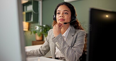 Buy stock photo Woman, call center and thinking by computer at night, headphones and advice with customer support in office. Person, agent and consultant by pc, contact and overtime with crm services at workplace