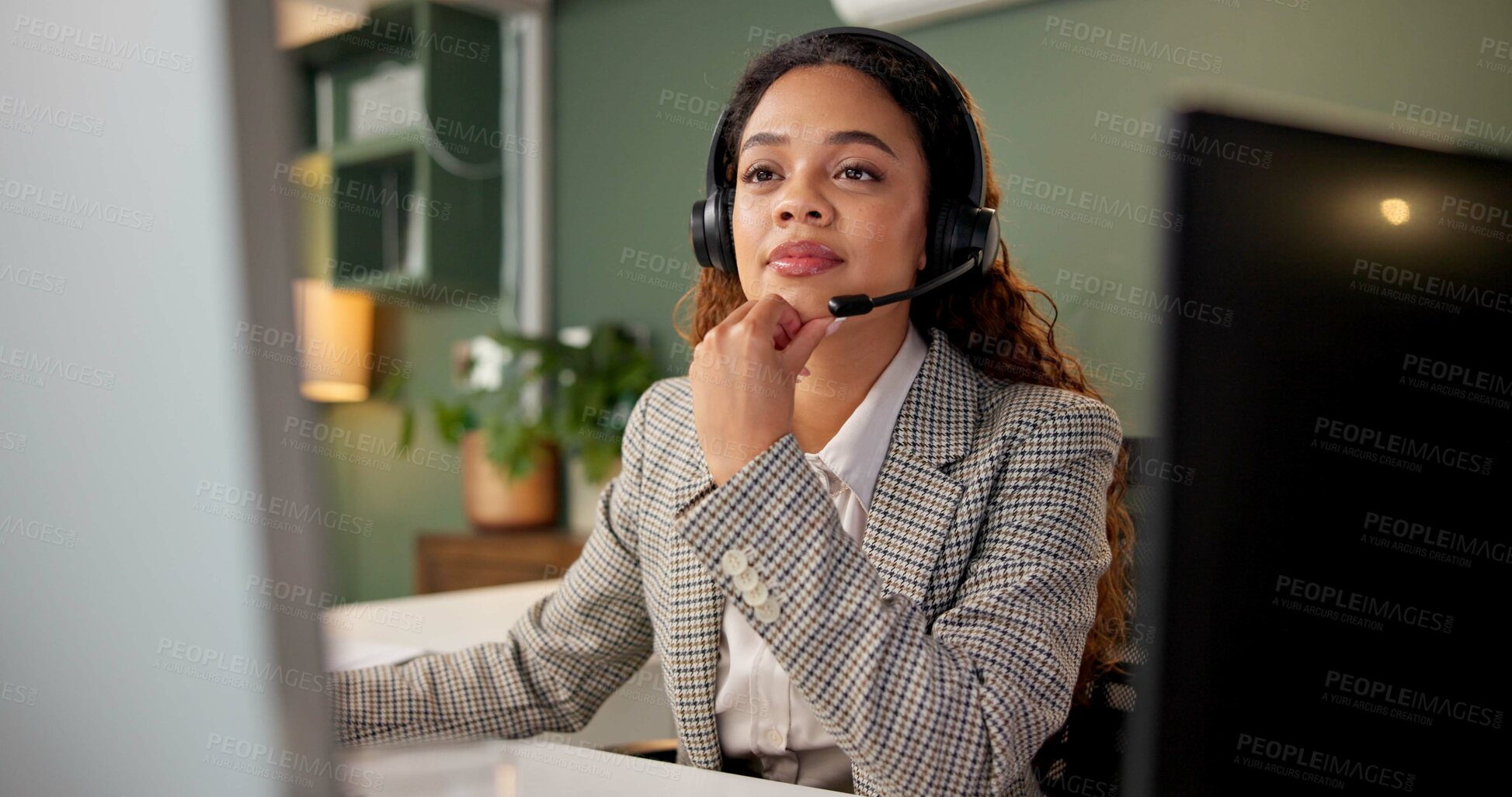 Buy stock photo Woman, call center and thinking by computer at night, headphones and advice with customer support in office. Person, agent and consultant by pc, contact and overtime with crm services at workplace