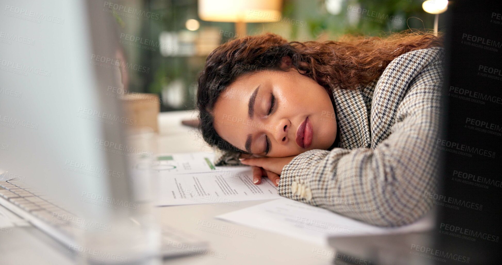 Buy stock photo Woman, sleeping and tired by computer in office with documents, rest and exhausted with deadline at job. Person, burnout and fatigue with overtime, project and night in workplace at creative agency