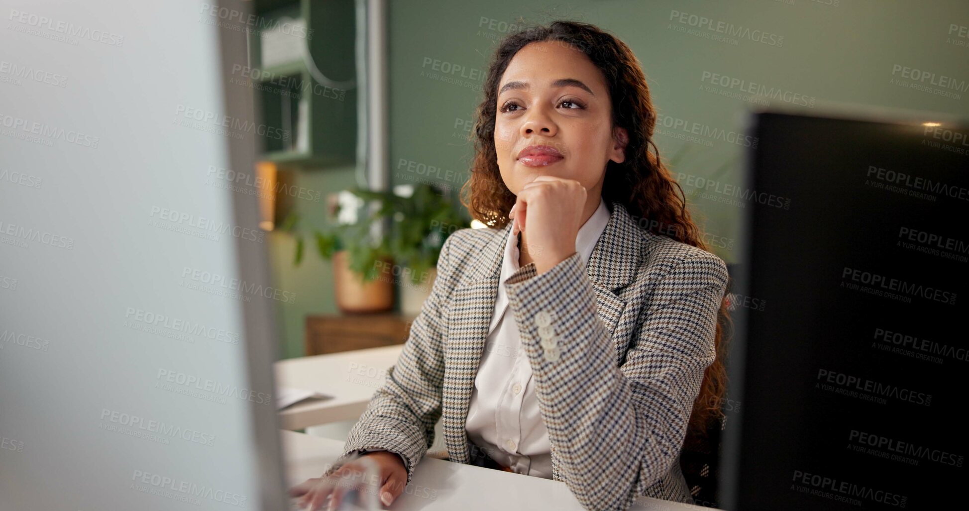 Buy stock photo Thinking, planning and woman in office with computer, research and reading email, report or article. Ideas, inspiration and businesswoman at digital agency with online project, review or development.