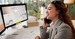 Woman, office and happy on phone call for communication, connection and networking as magazine editor. Female person, employee and smile with computer for business conversation on online publishing