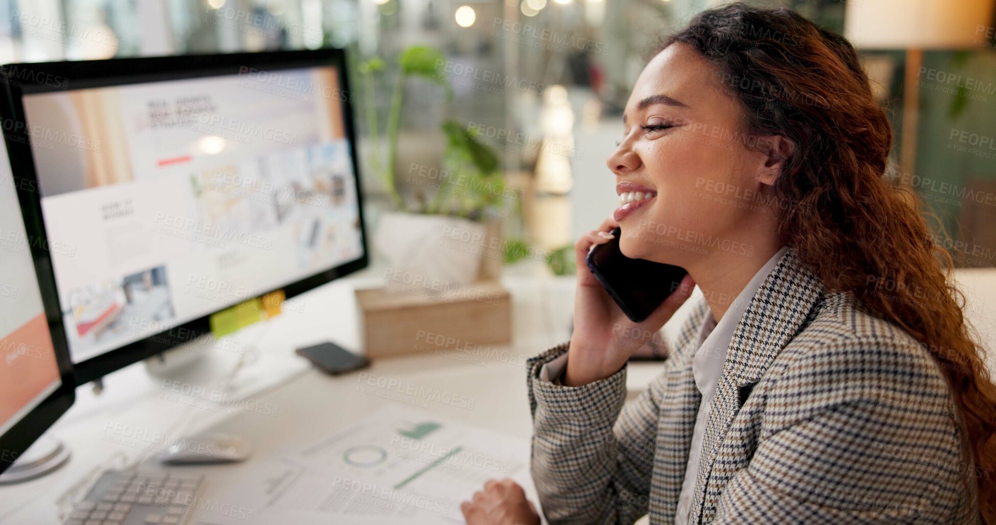 Buy stock photo Woman, office and happy on phone call for communication, connection and networking as magazine editor. Female person, employee and smile with computer for business conversation on online publishing