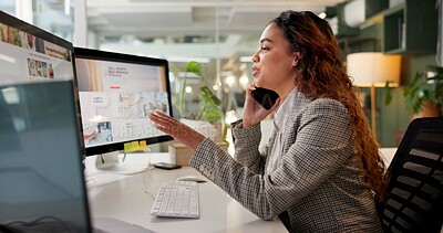 Buy stock photo Computer, phone call and planning with business woman in office of advertising agency for magazine publication. Conversation, desk and update with African employee in creative workplace as editor