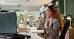 Woman, excited and celebration by computer in office, night and happy for goals, success and bonus at company. Person, cheers and smile for promotion, performance or achievement at creative agency