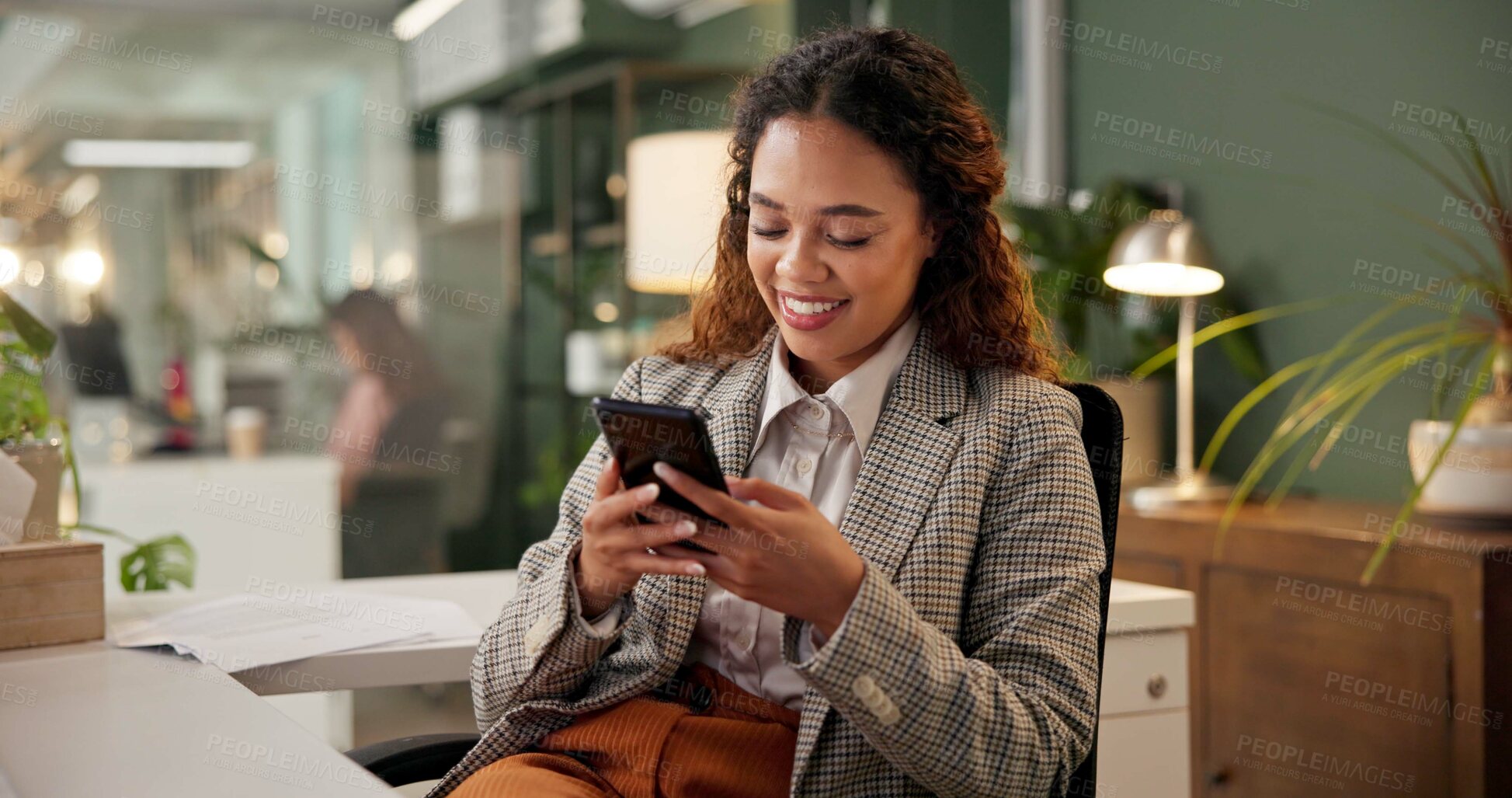 Buy stock photo Phone, search and woman in office with smile, connection and reading online post at desk for networking. Scroll, smartphone and businesswoman typing on mobile app for communication at digital agency