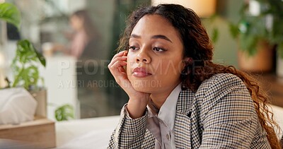 Buy stock photo Woman, thinking and tired at night in office for reflection, exhausted or overtime at media company. Person, writer and rest with deadline, fatigue and burnout in workplace at startup creative agency