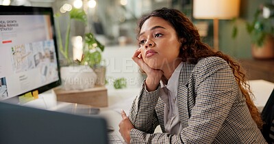 Buy stock photo Woman, thinking and tired by computer in office, business consulting and growth at company. Person, analyst and exhausted for deadline with fatigue, burnout or review strategy with overtime at agency